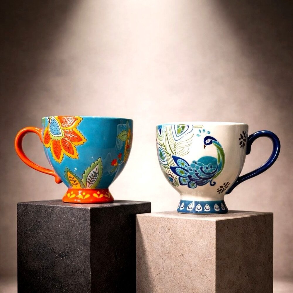 Colorful Dutch Wax Ceramic Coffee Tea Mugs Set Of 2 With Floral Peacock Design